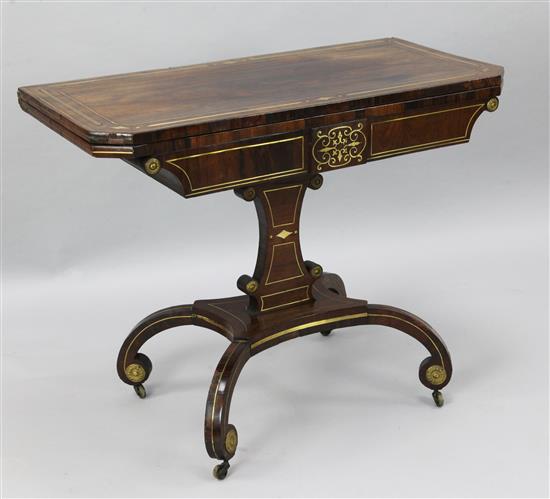 A Regency brass inset rosewood card table, W.3ft D.1ft 6in. H.2ft 4in.
